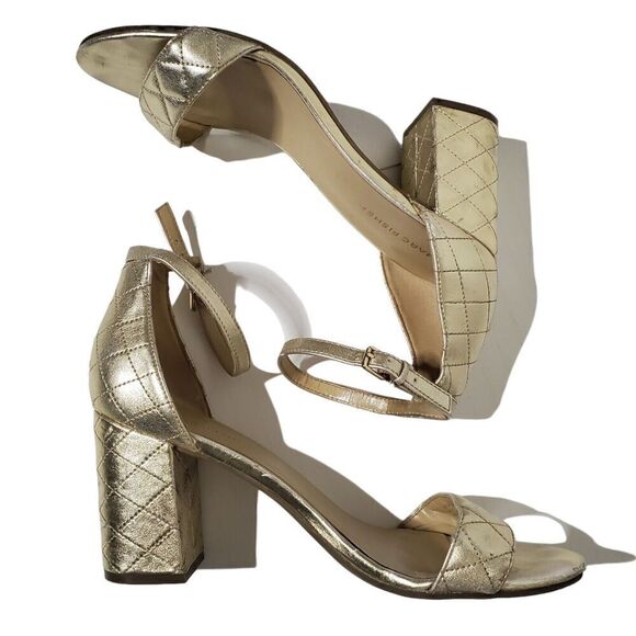 Marc Fisher Sandals Heel Size 8.5 Gold Open Toe Ankle Strap Womens - Picture 1 of 12